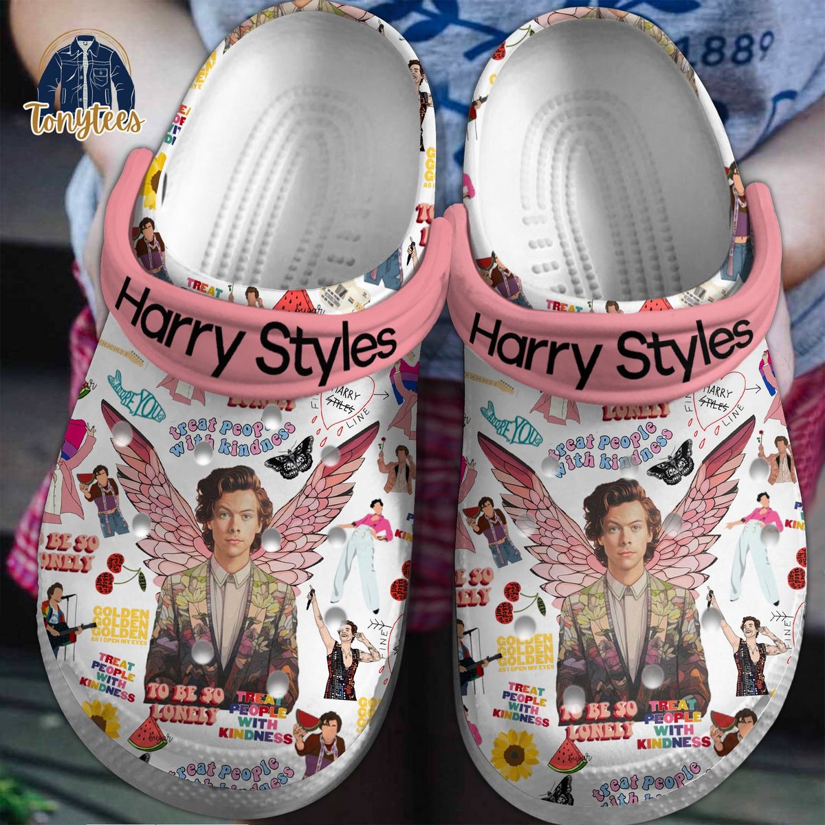 Harry Styles treat people with kindness crocs clogs