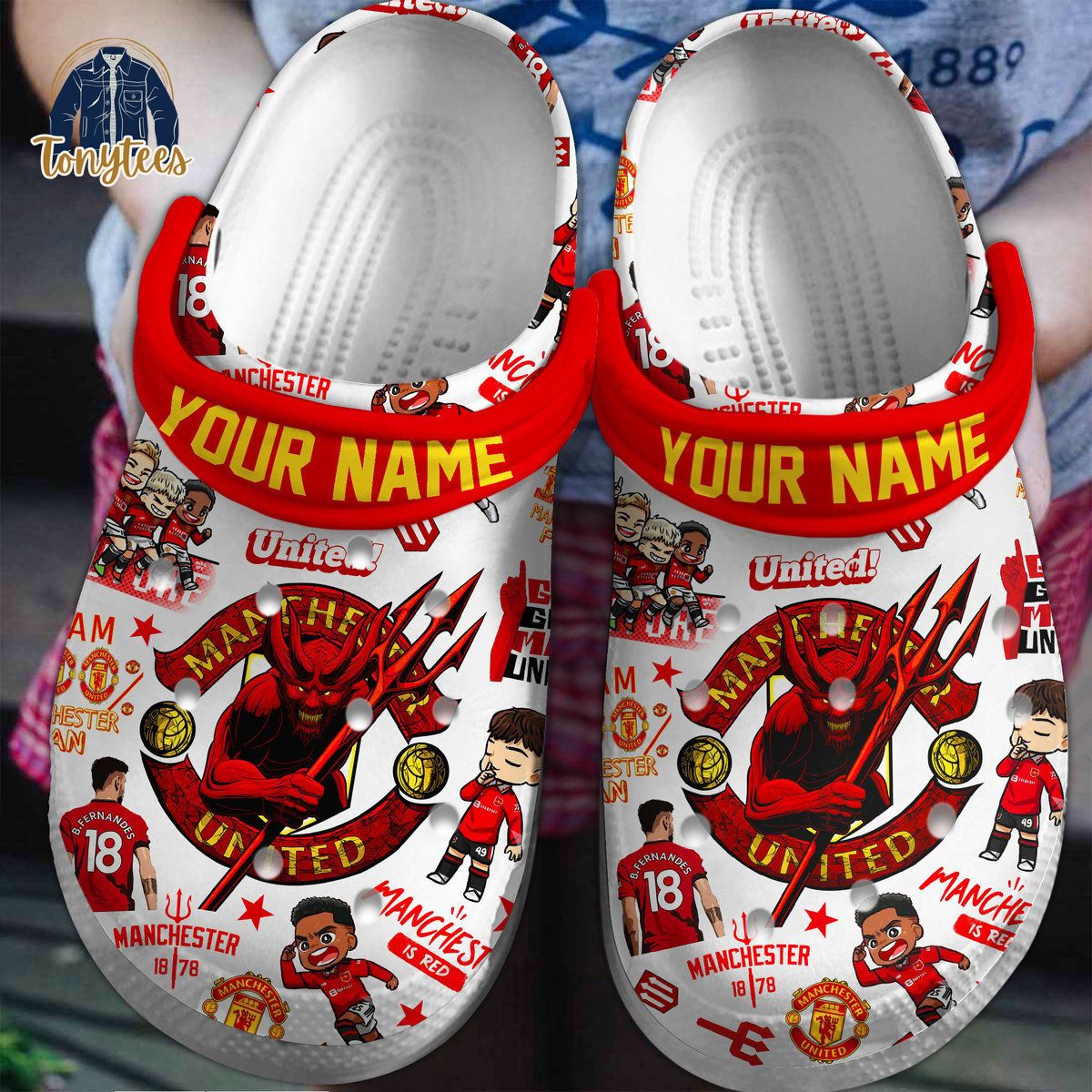 Manchester United red devils custom name crocs clogs