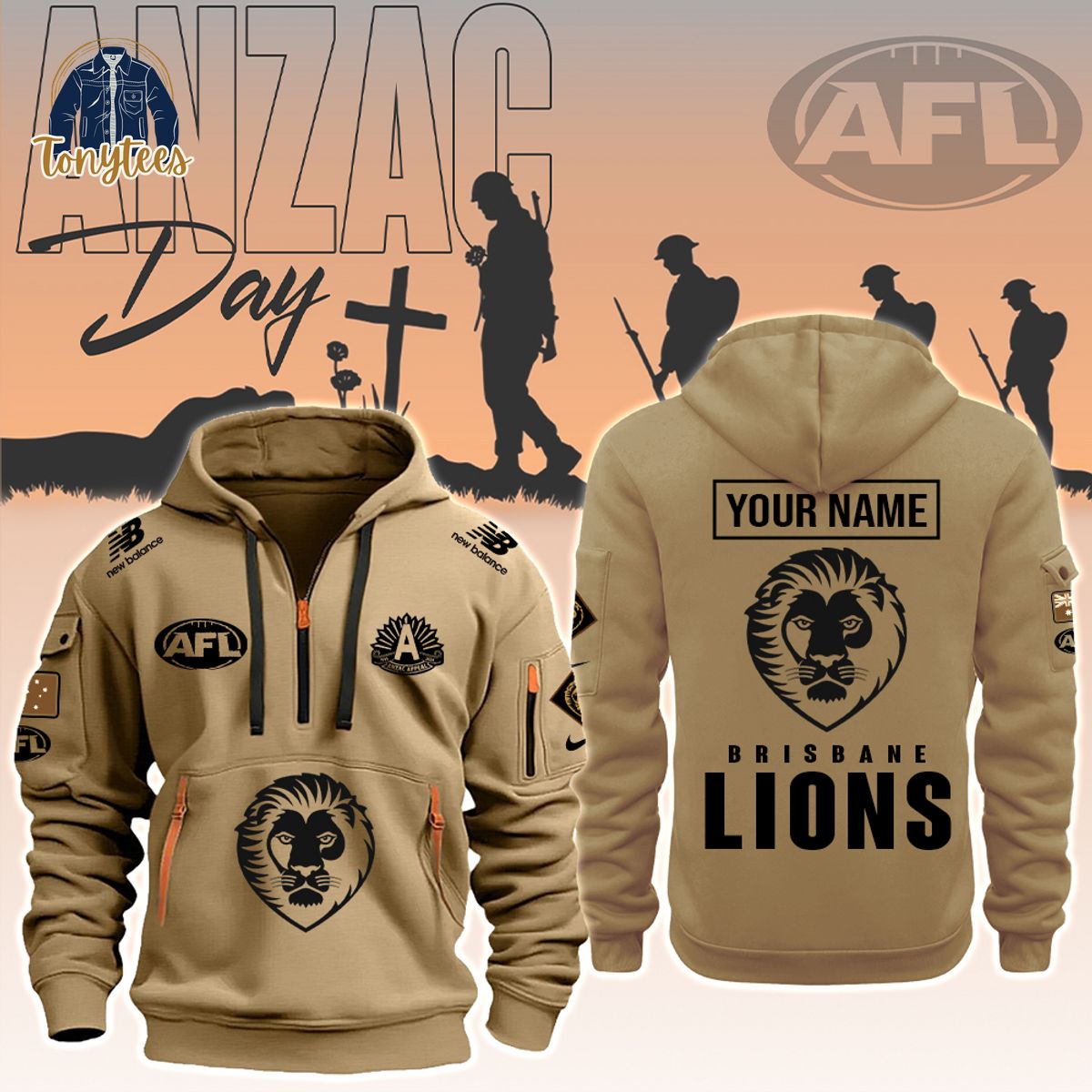 AFL Brisbane Lions Anzac Day Custom Name Heavy Hoodie