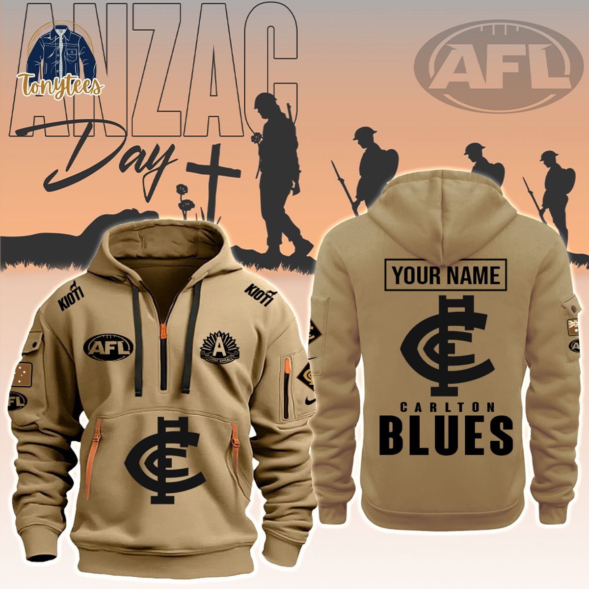 AFL Carlton Blues Anzac Day Custom Name Heavy Hoodie