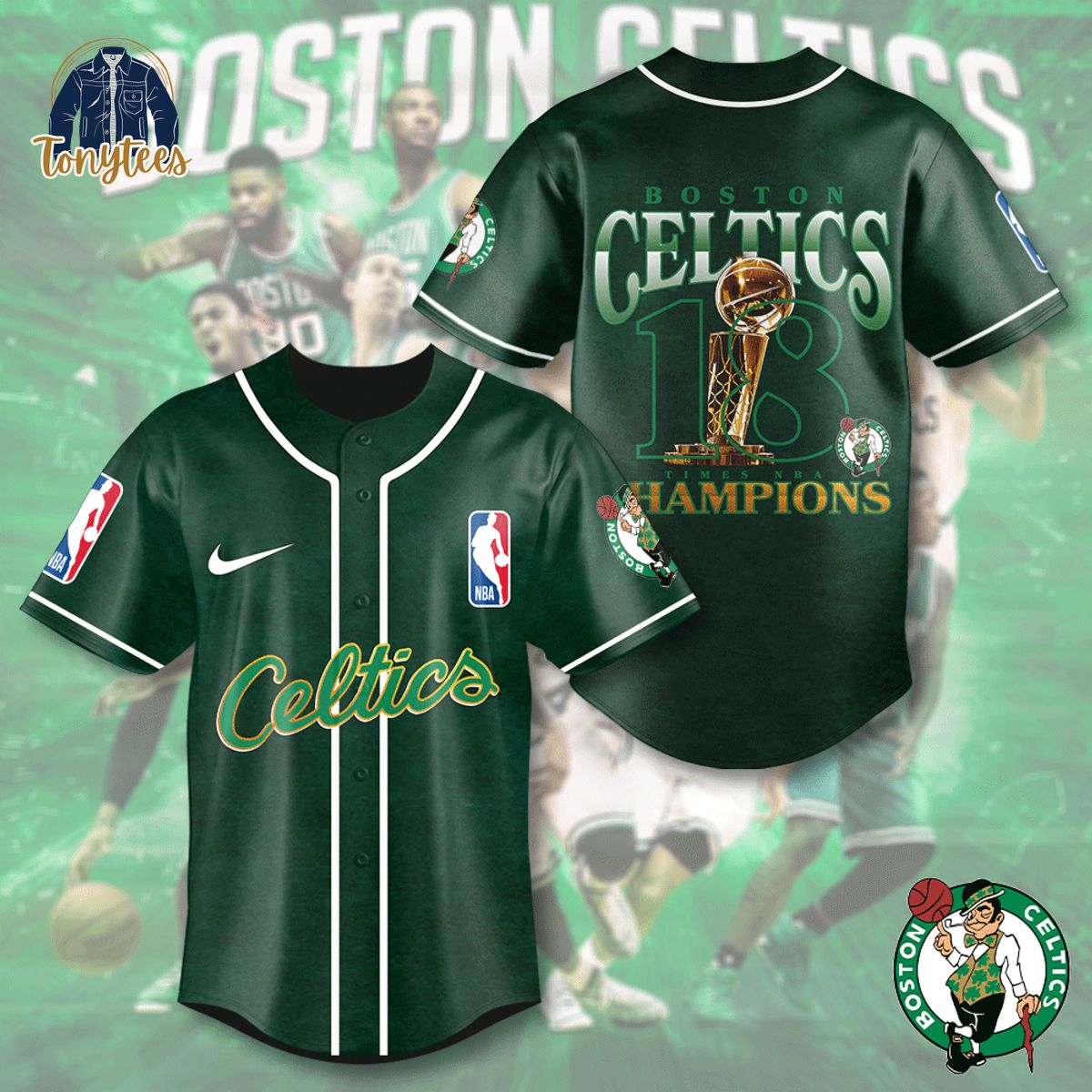 Boston Celtics 18 Times NBA Champions Baseball Jersey