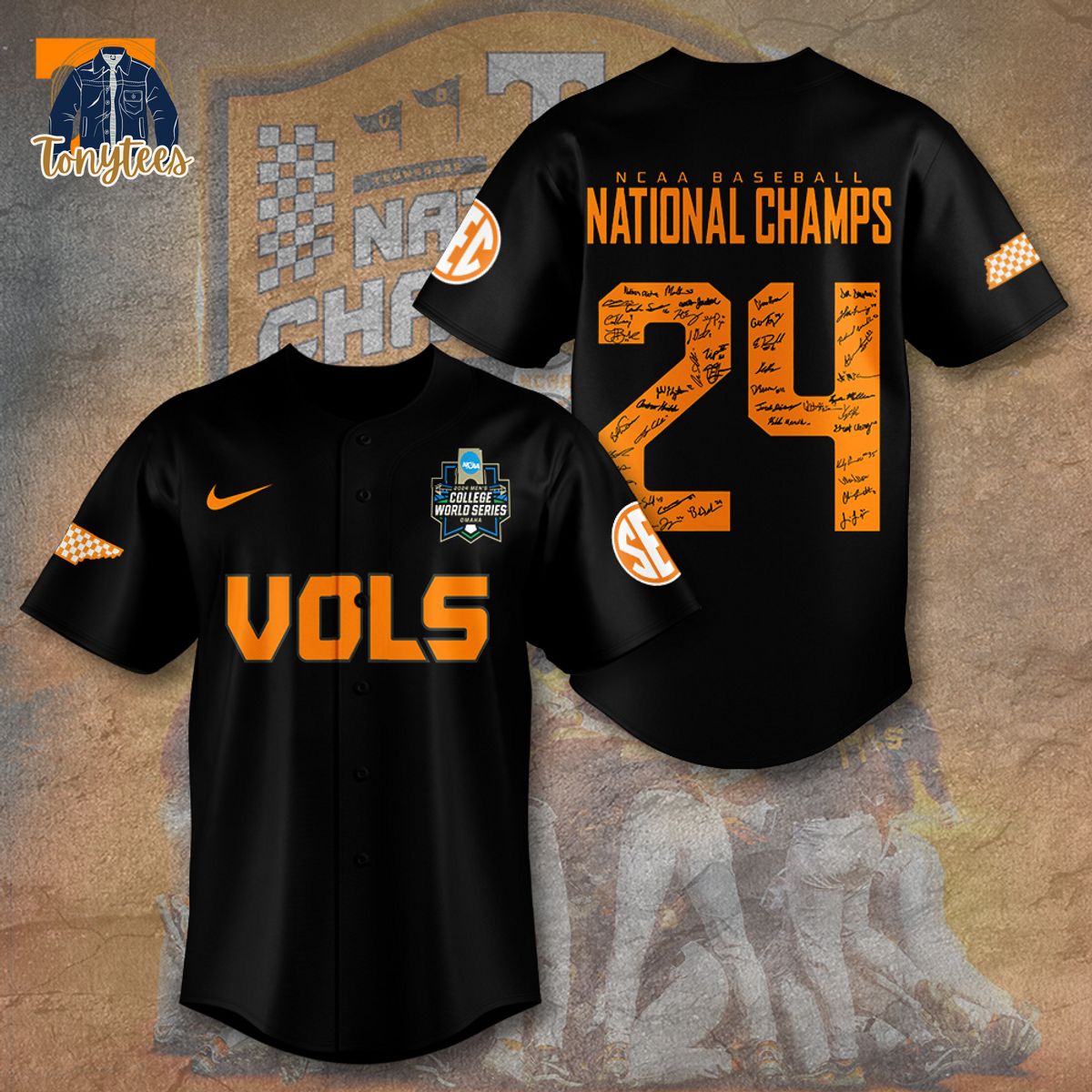 Tennessee Volunteers NCAA Baseball National Champs 24 Baseball Jersey