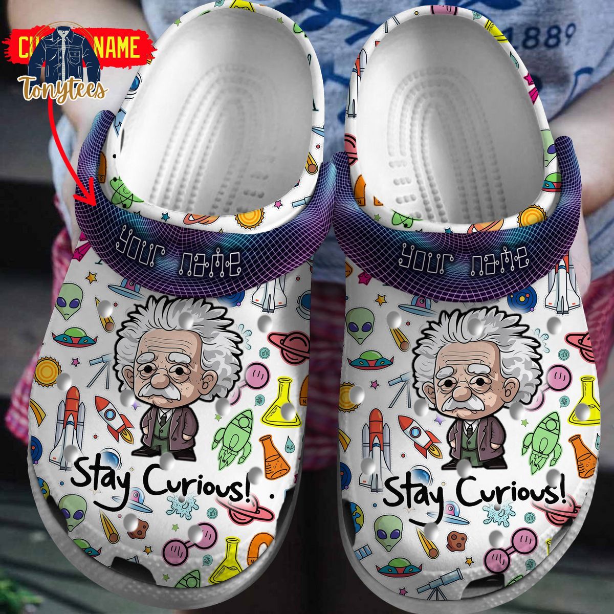 Albert Einstein Stay Curios Custom Name Crocs Clogs