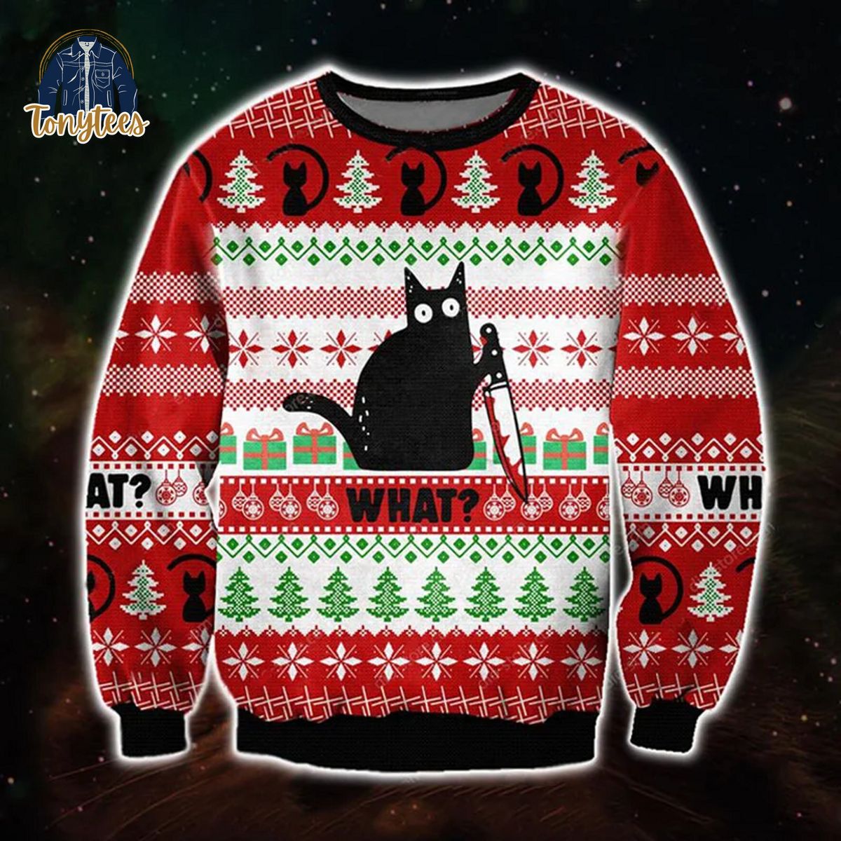 Black Cat With Knife Ugly Christmas Sweater