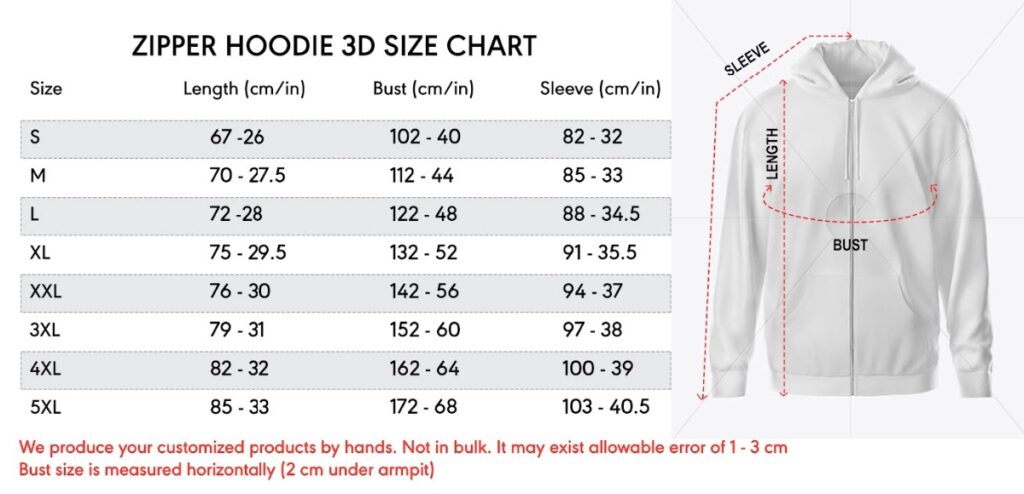 3d zip hoodie size chart tonytees