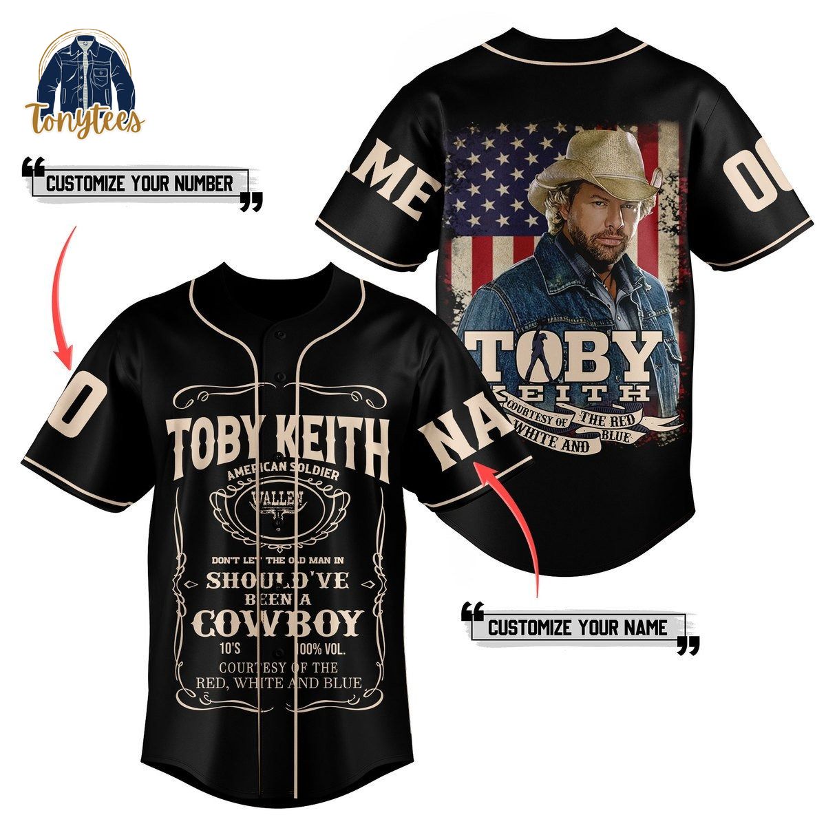 Toby Keith courtesy of the red white and blue custom name baseball jersey