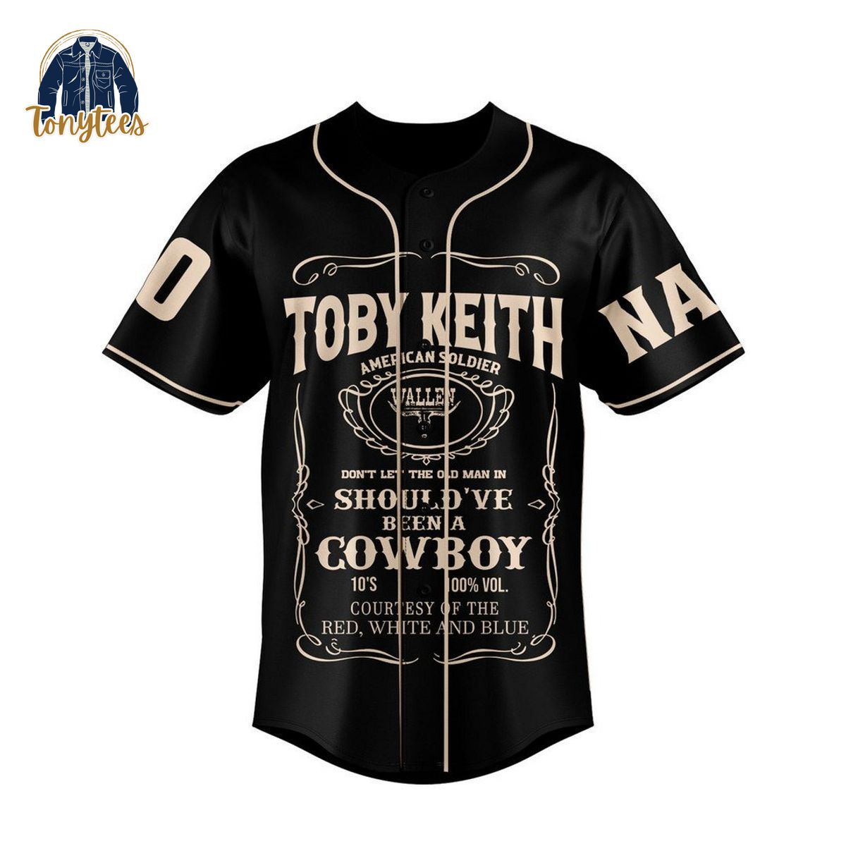 Toby Keith courtesy of the red white and blue custom name baseball jersey
