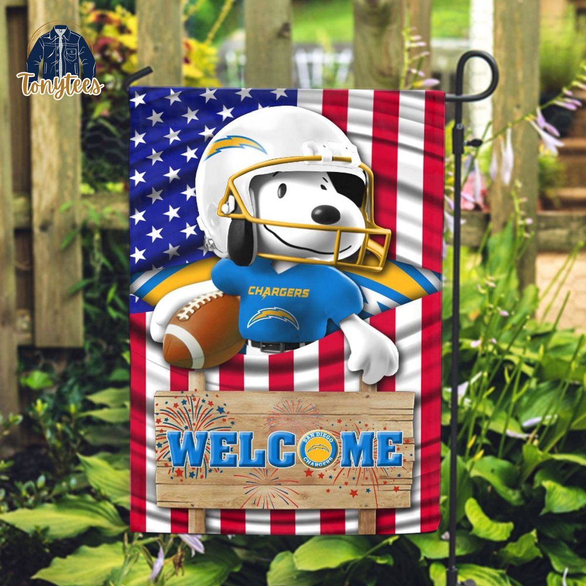 Los Angeles Chargers Snoopy Peanuts Welcome Custom Name Garden Flag