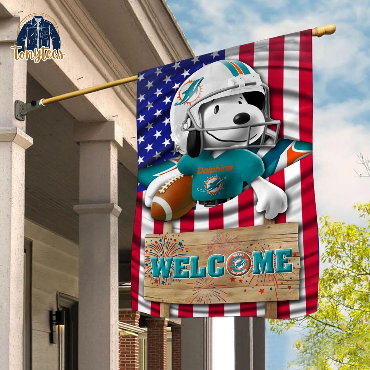 Miami Dolphins Snoopy Peanuts Welcome Custom Name Garden Flag