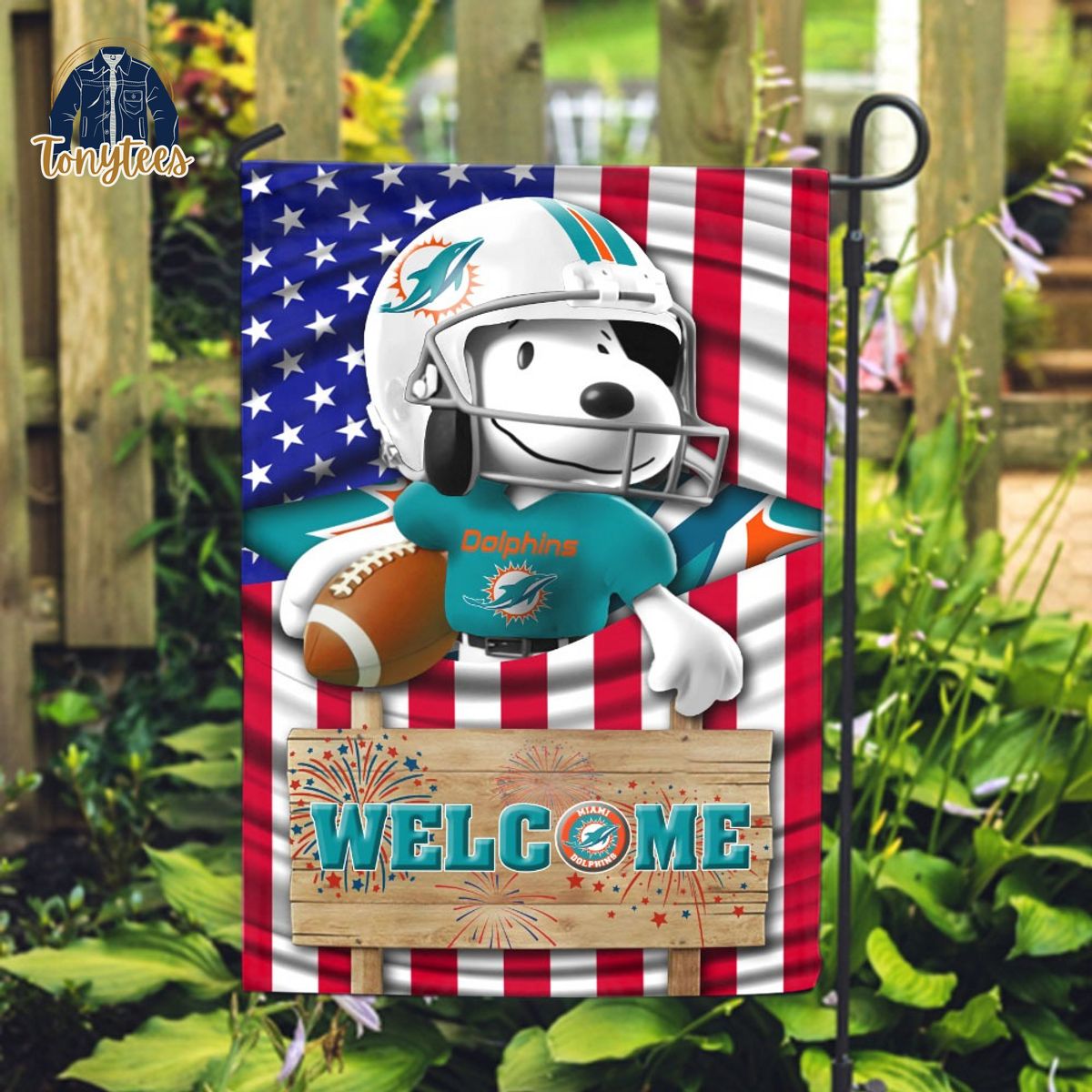 Miami Dolphins Snoopy Peanuts Welcome Custom Name Garden Flag