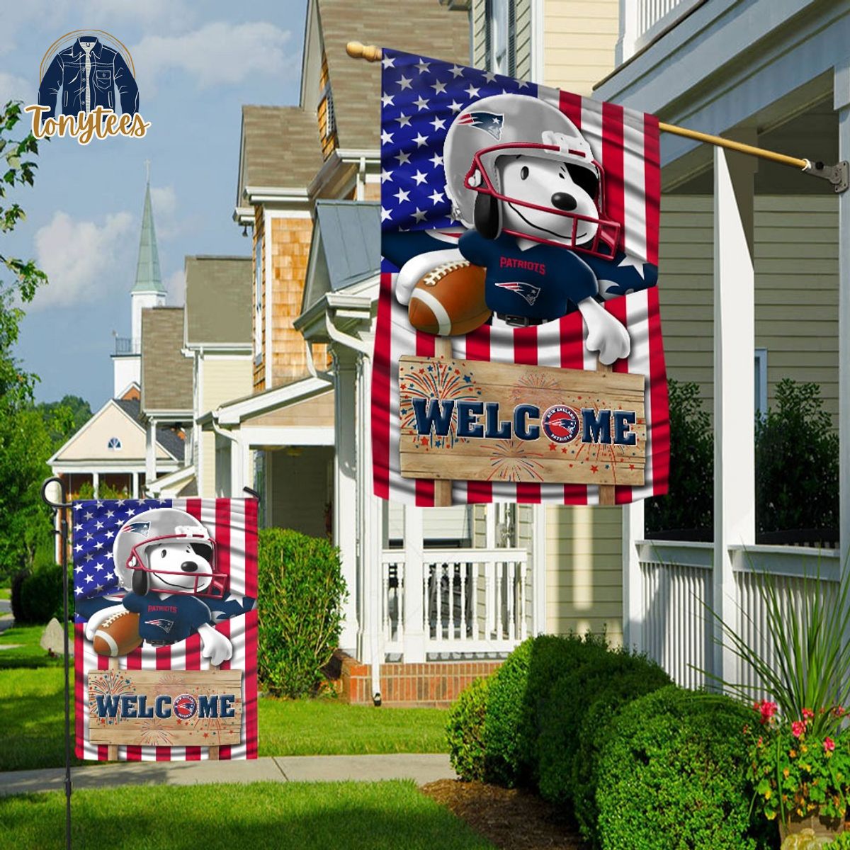 New England Patriots Snoopy Peanuts Welcome Custom Name Garden Flag