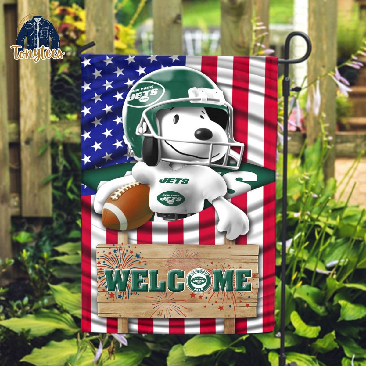 New York Jets Snoopy Peanuts Welcome Custom Name Garden Flag