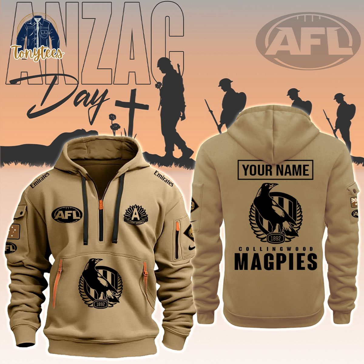 AFL Collingwood Magpies Anzac Day Custom Name Heavy Hoodie