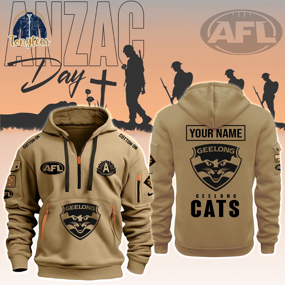 AFL Geelong Cats Anzac Day Custom Name Heavy Hoodie