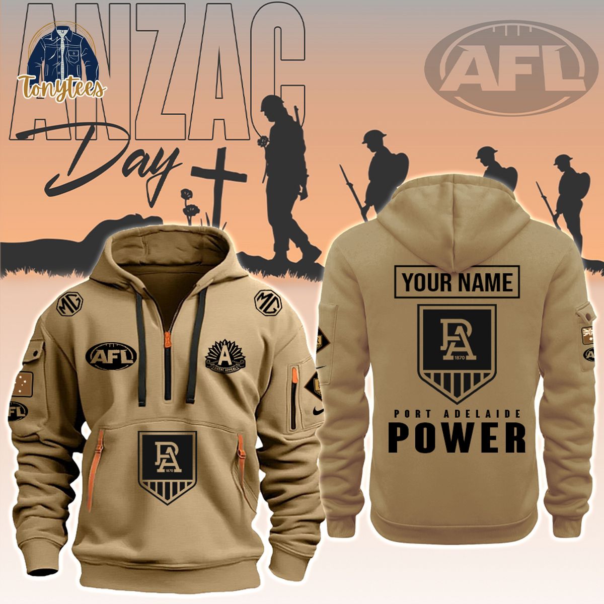 AFL Port Adelaide Power Anzac Day Custom Name Heavy Hoodie