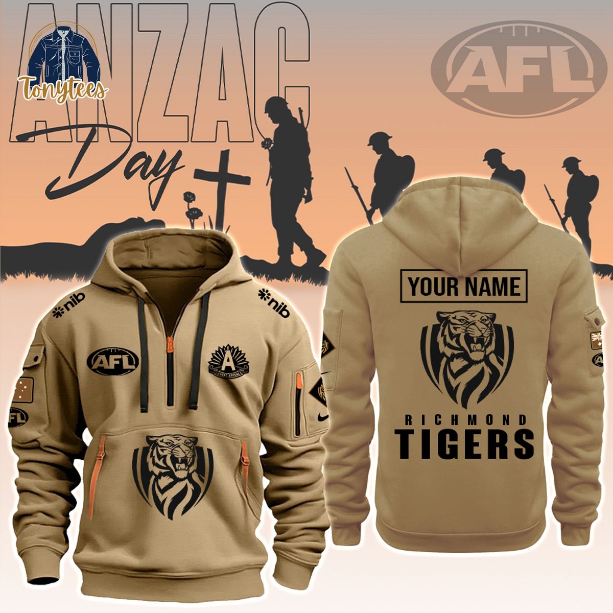 AFL Richmond Tigers Anzac Day Custom Name Heavy Hoodie