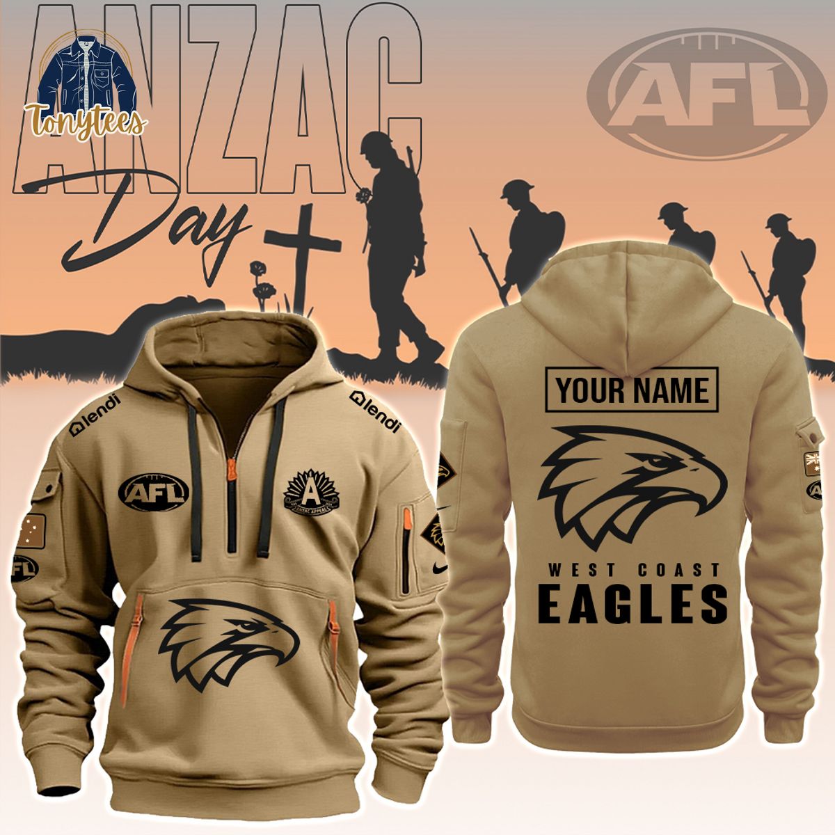 AFL West Coast Eagles Anzac Day Custom Name New Heavy Hoodie