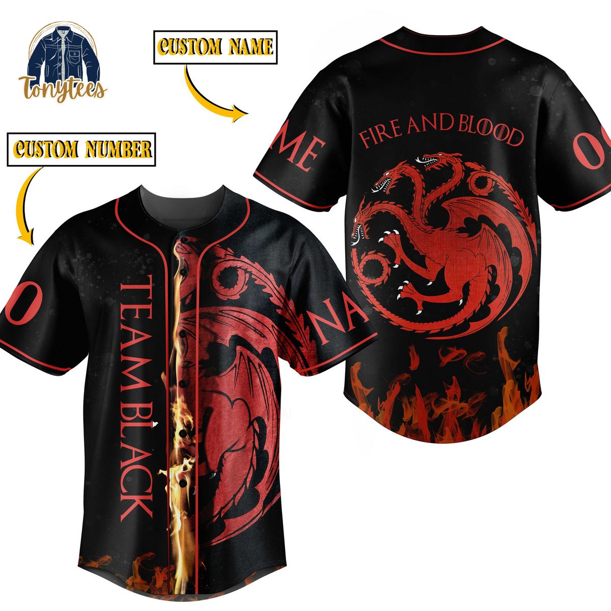 Fire And Blood team back personalized baseball jersey