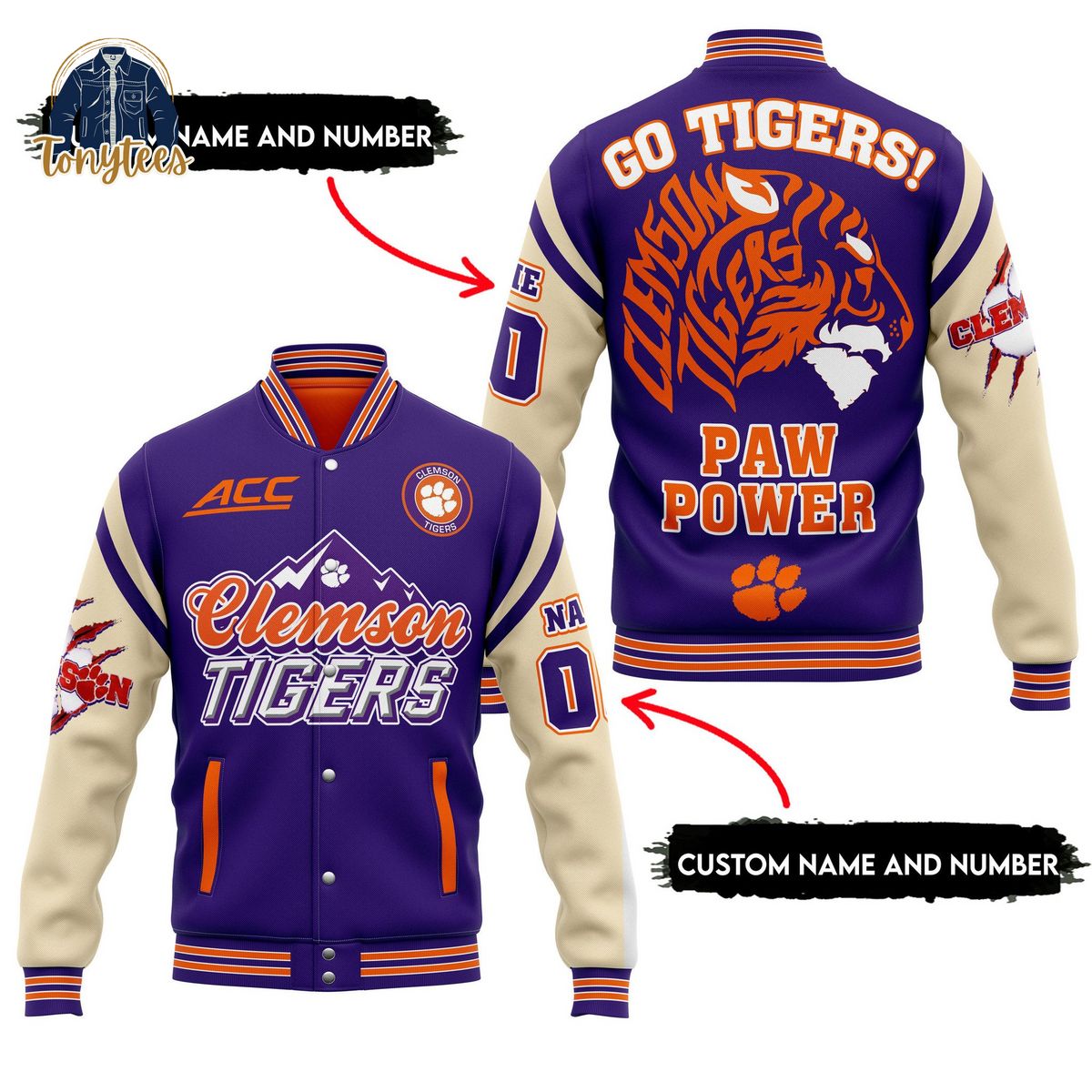 Clemson Tigers Go Tigers Paw Power Personalized Baseball Jacket