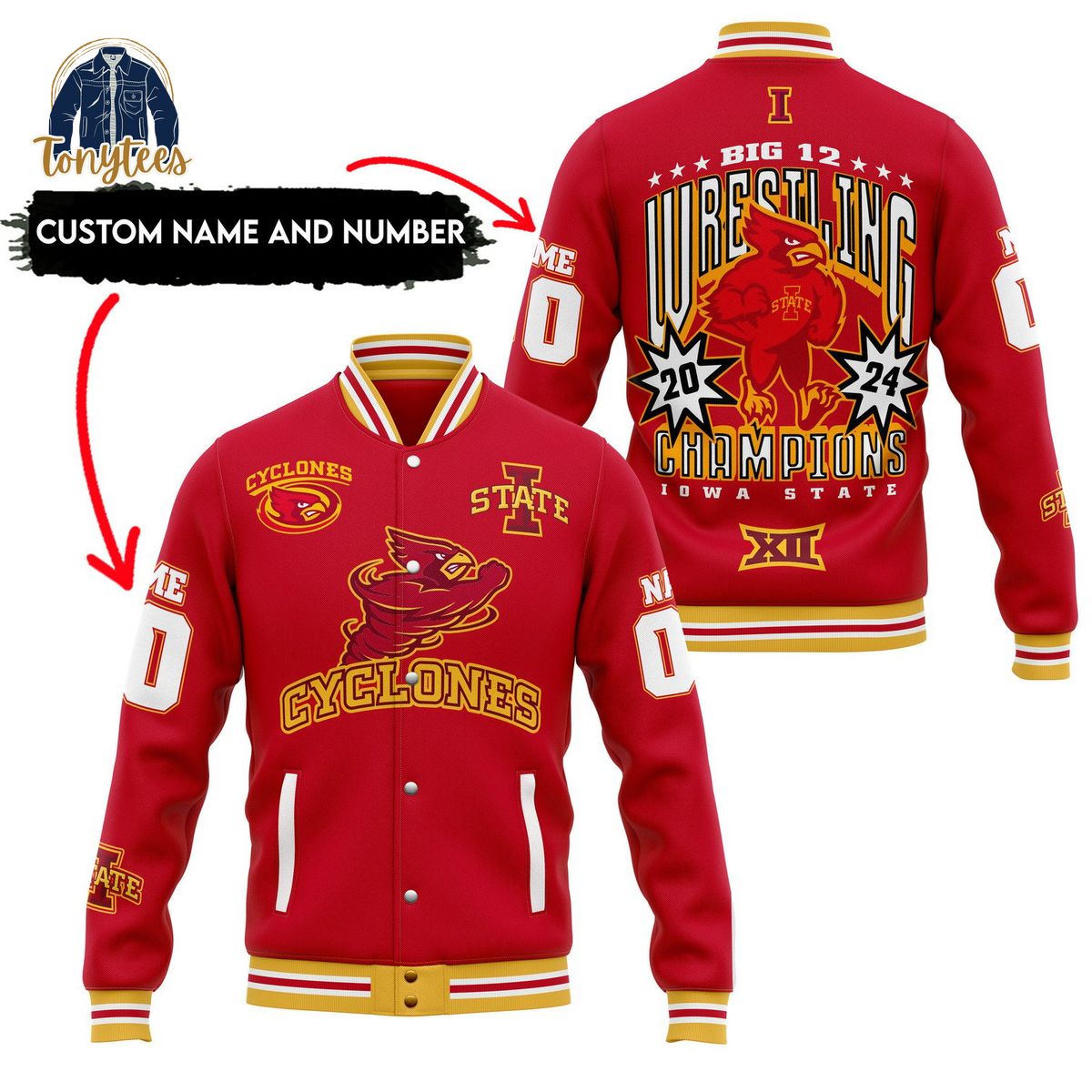 Iowa State Cyclones 2024 Big 12 Wrestling Champions Personalized Baseball Jacket