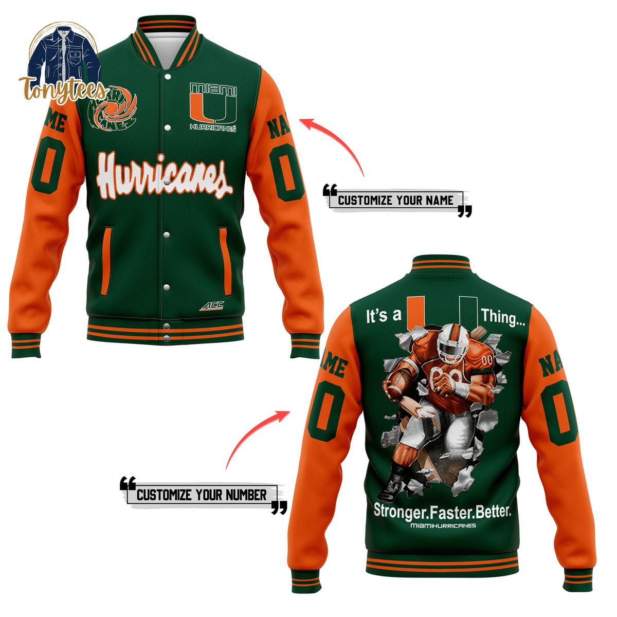 Miami Hurricanes Stronger Faster Better Personalized Baseball Jacket