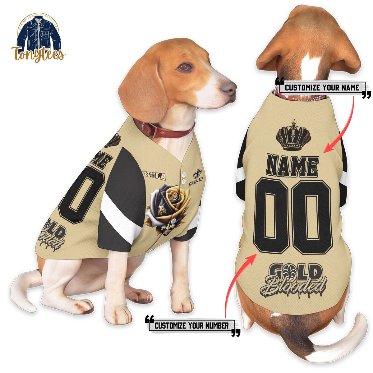 New Orleans Saints gold blooded personalized dog pet jersey