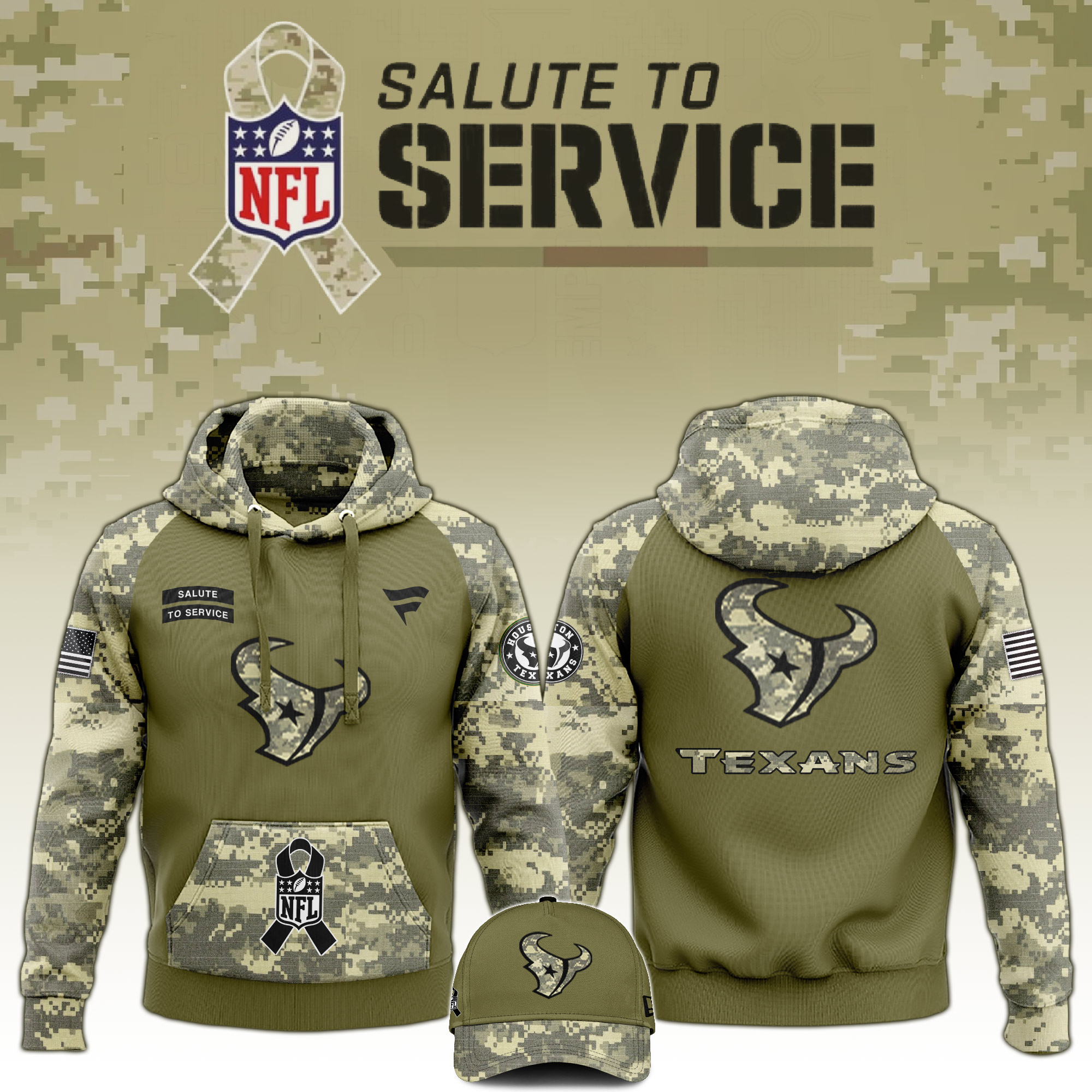 NFL Houston Texans 2024 Salute to Service Camo Hoodie