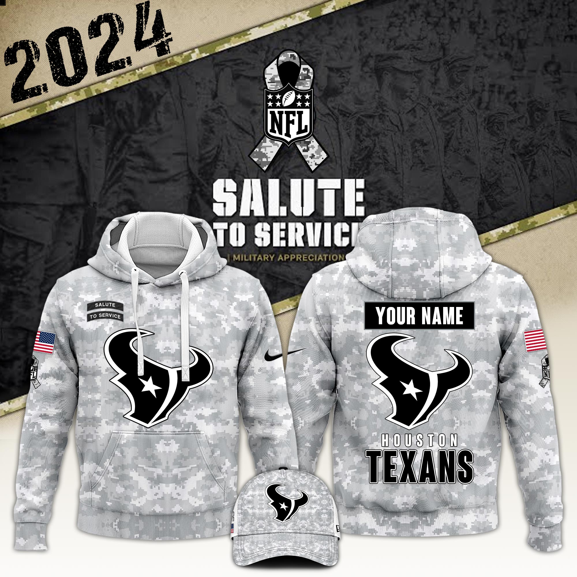 NFL Houston Texans 2024 Salute to Service Personalized Camo Hoodie