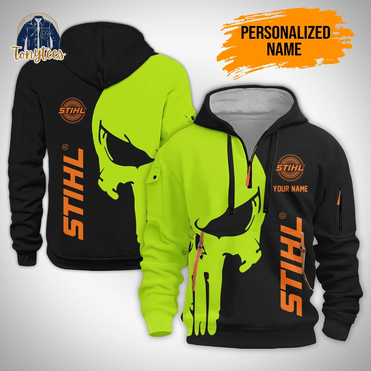 STIHL Chainsaw Valhalla Skull Personalized Quarter Zip Heavy Hoodie